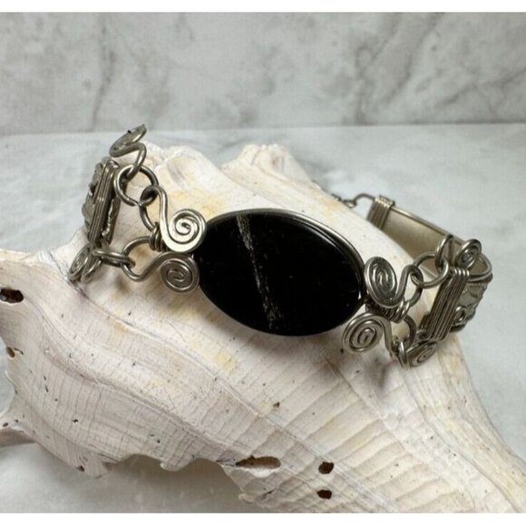 Silver Tone Stamped and Wire Wrapped Bracelet with Black Stone - Unique - 7" - Picture 1 of 6